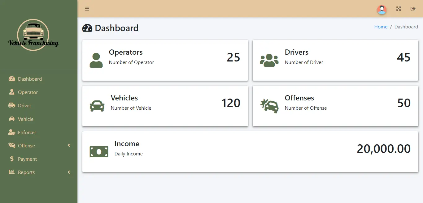 Vehicle Franchising and Drivers Offense System - Admin Dashboard