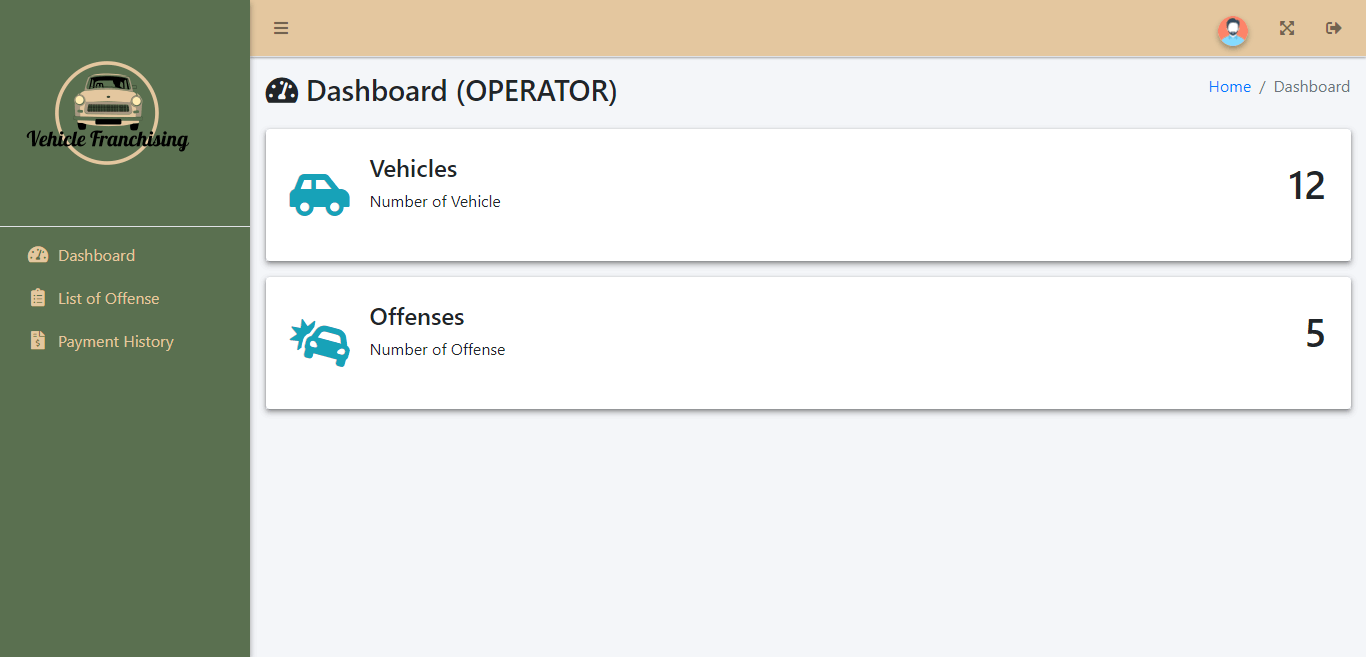 Vehicle Franchising and Drivers Offense System - Operator Dashboard