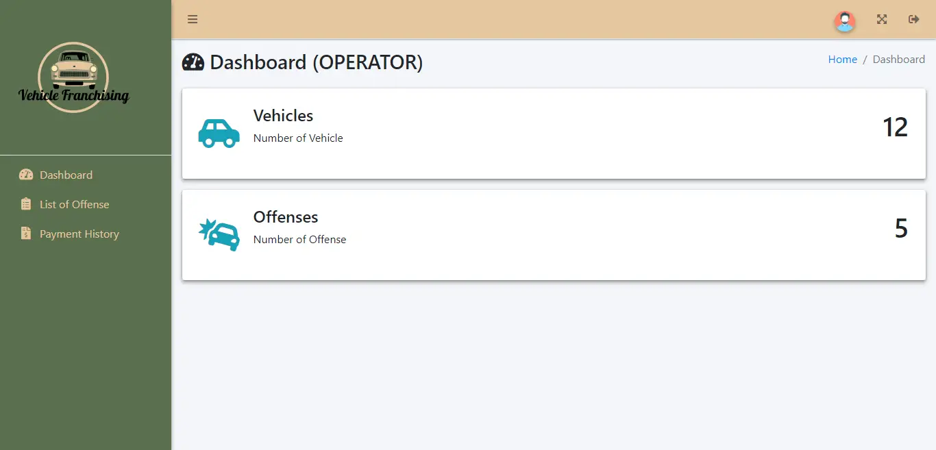 Vehicle Franchising and Drivers Offense System - Operator Dashboard