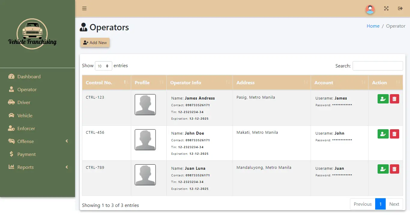 Vehicle Franchising and Drivers Offense System - Operator Information