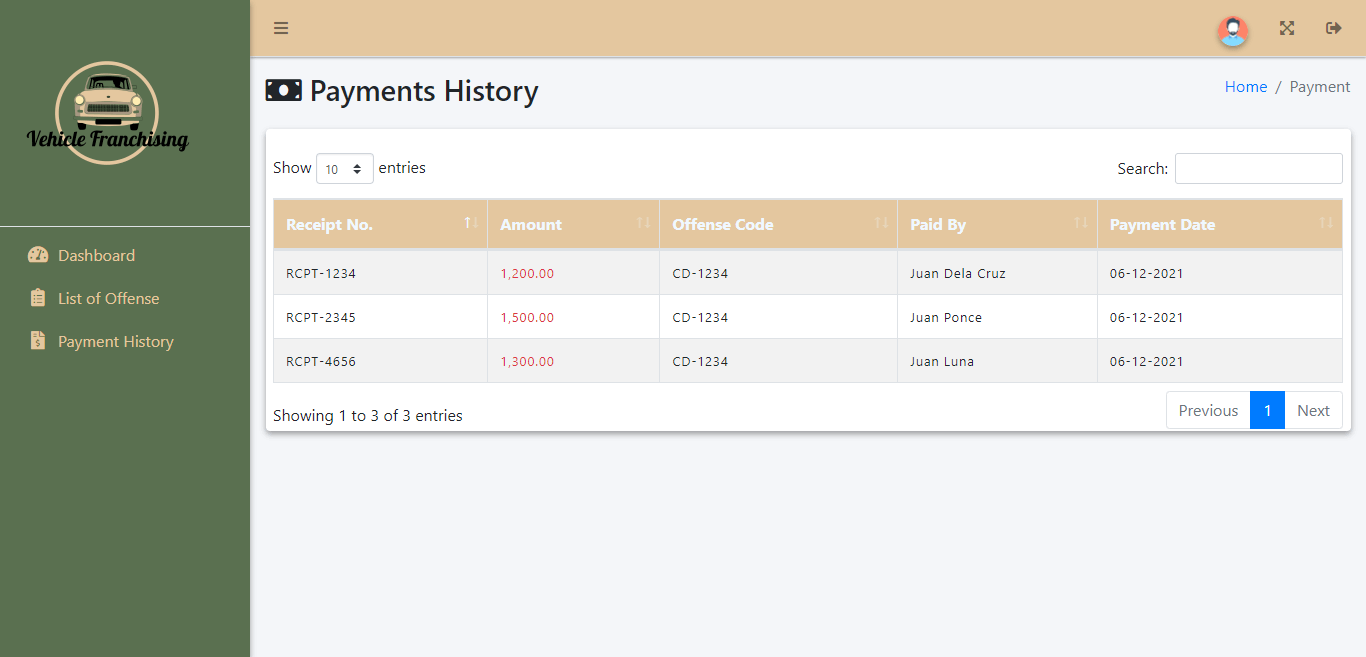 Vehicle Franchising and Drivers Offense System - Payment History