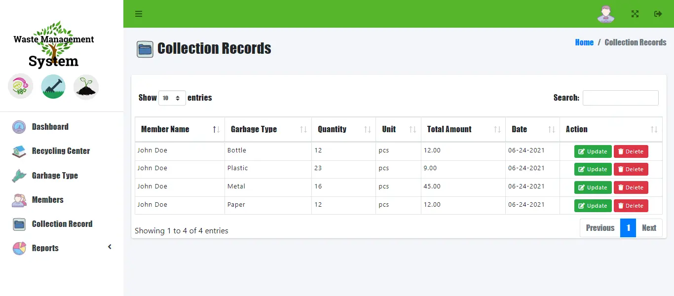 Waste Management with Reward System - Collection Records