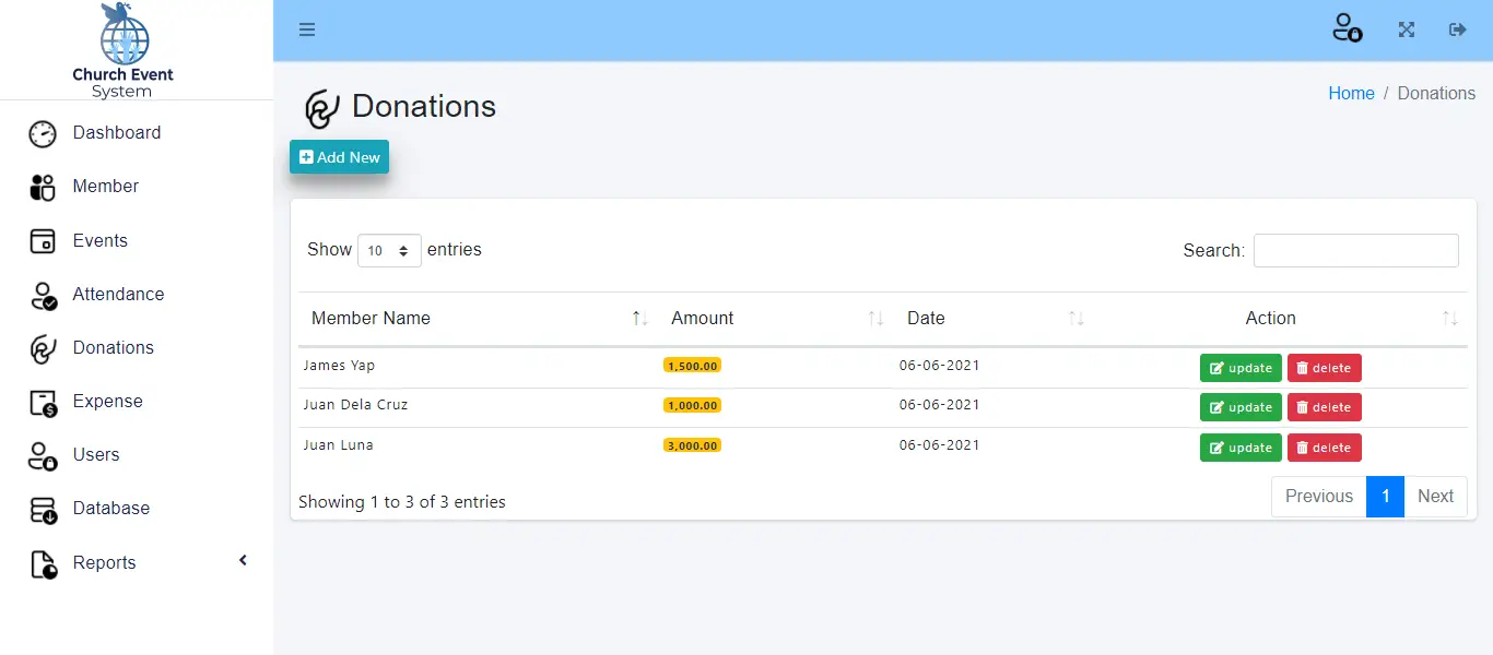 Church Event Management System - Donation Management