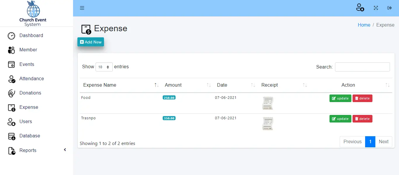 Church Event Management System - Expense Management