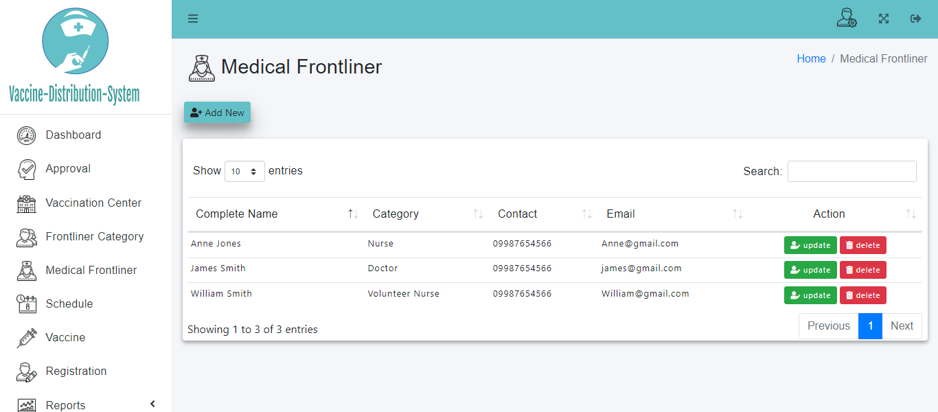 Vaccine Distribution System Bootstrap Template - List of Frontliners