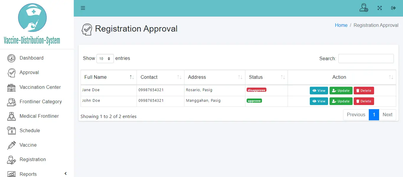 Vaccine Distribution System Bootstrap Template - Registration Approval