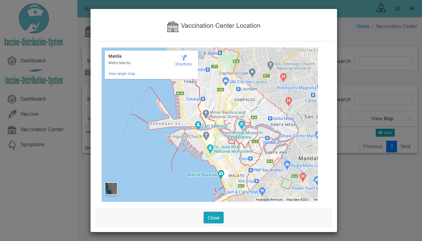 Vaccine Distribution System Bootstrap Template - Vaccination Center Map