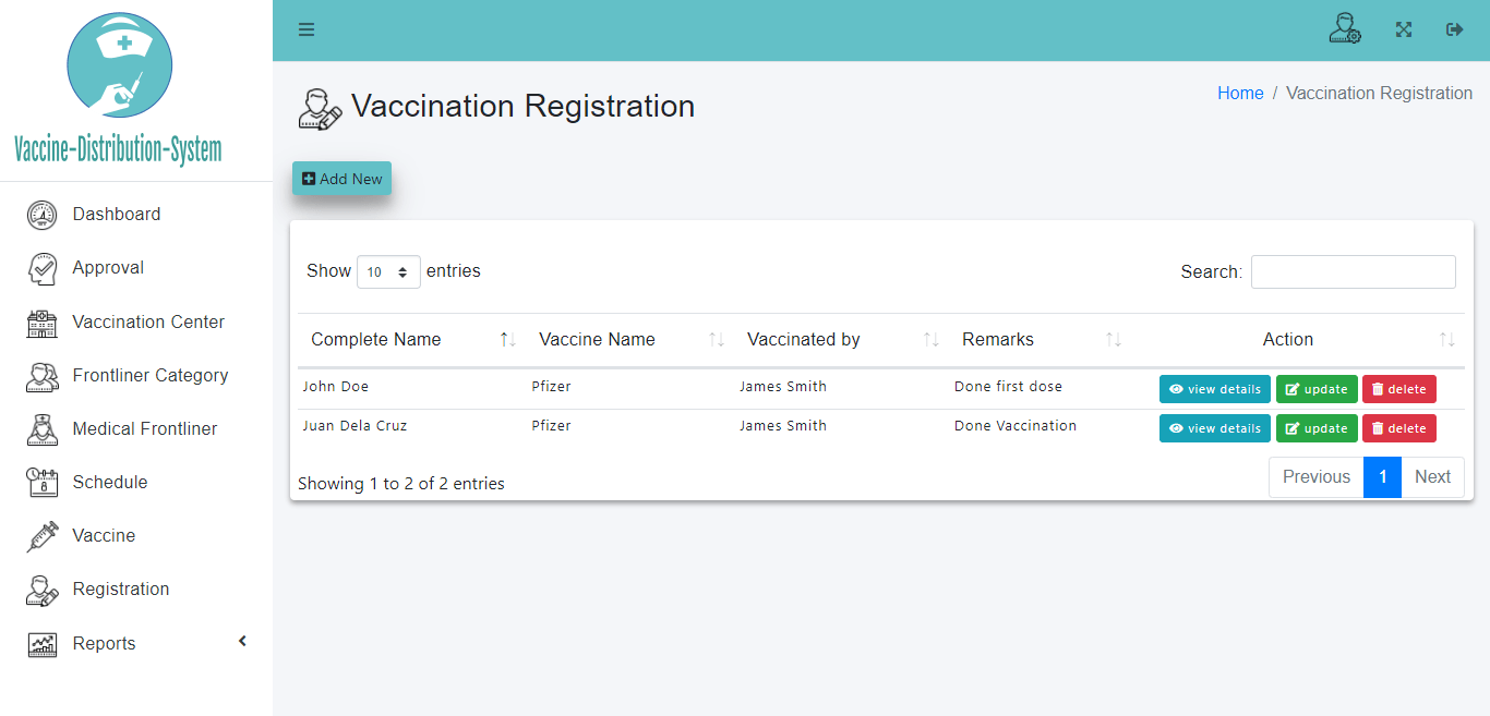 Vaccine Distribution System Bootstrap Template - Vaccination Registration Information