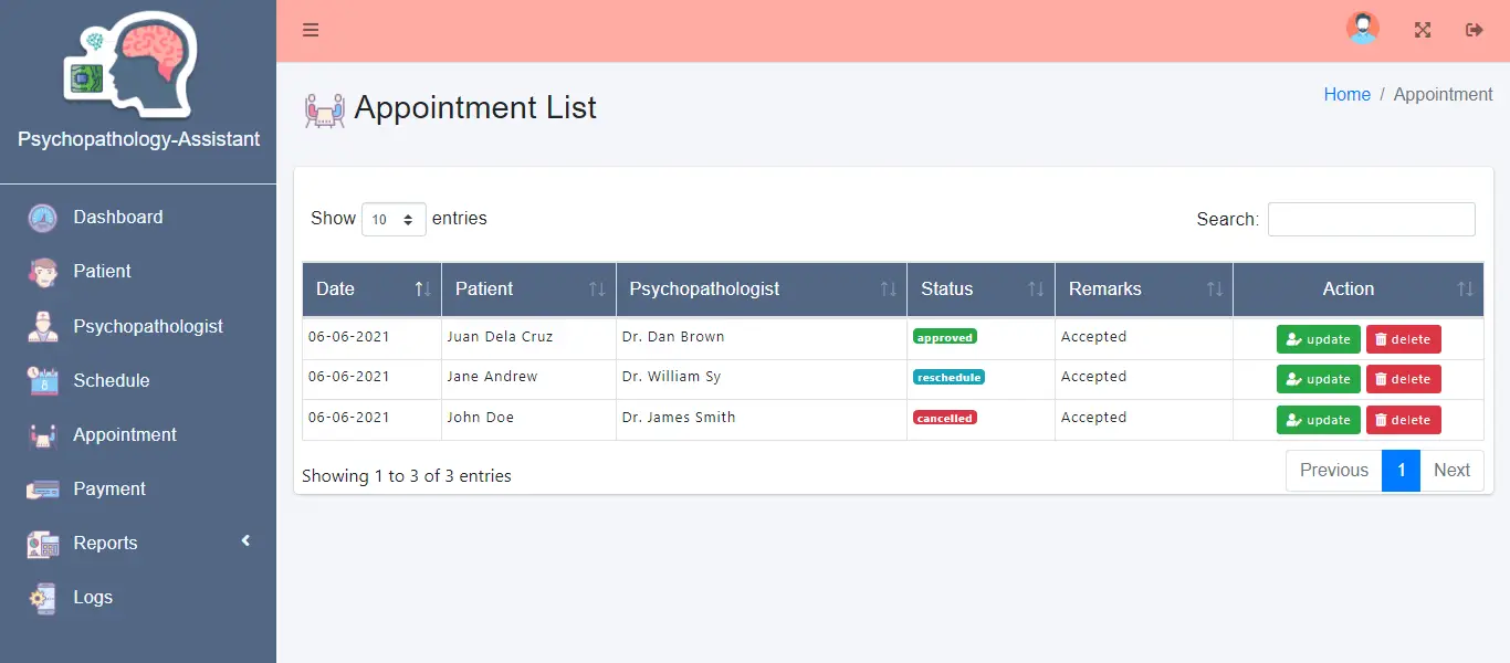 Web Based Psychopathology Diagnosis System - Appointment List