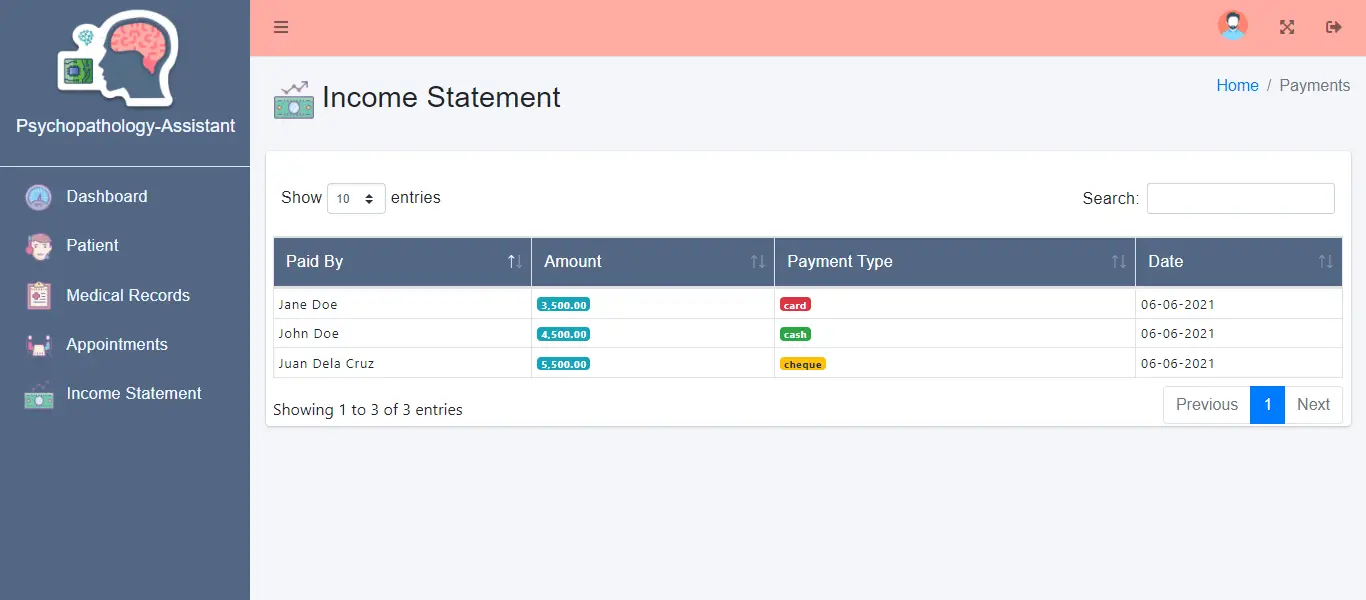 Web Based Psychopathology Diagnosis System - Income Statement