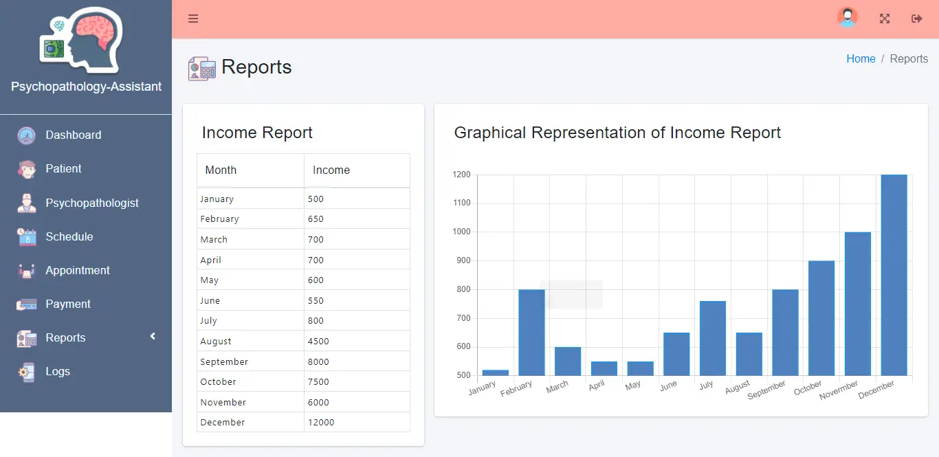 Web Based Psychopathology Diagnosis System - Monthly Income Report