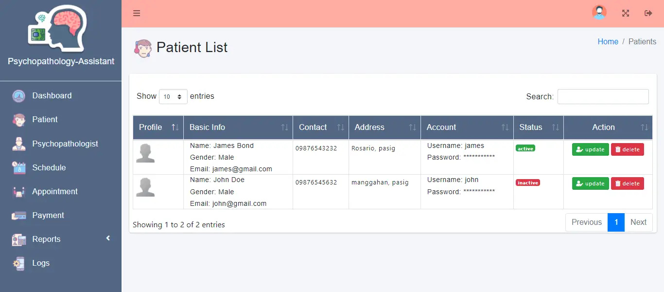 Web Based Psychopathology Diagnosis System - Patient List