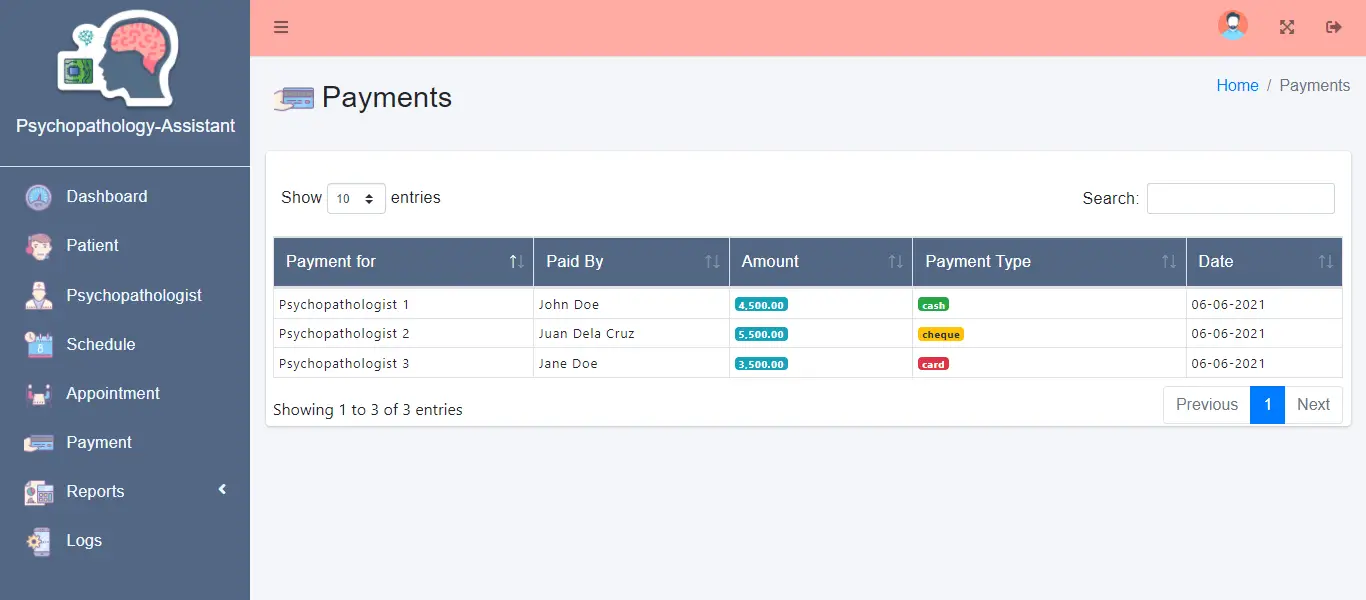 Web Based Psychopathology Diagnosis System - Payment List