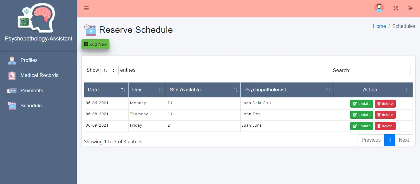 Web Based Psychopathology Diagnosis System - Reserve Schedule