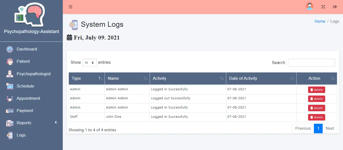 Web Based Psychopathology Diagnosis System - Systems Log