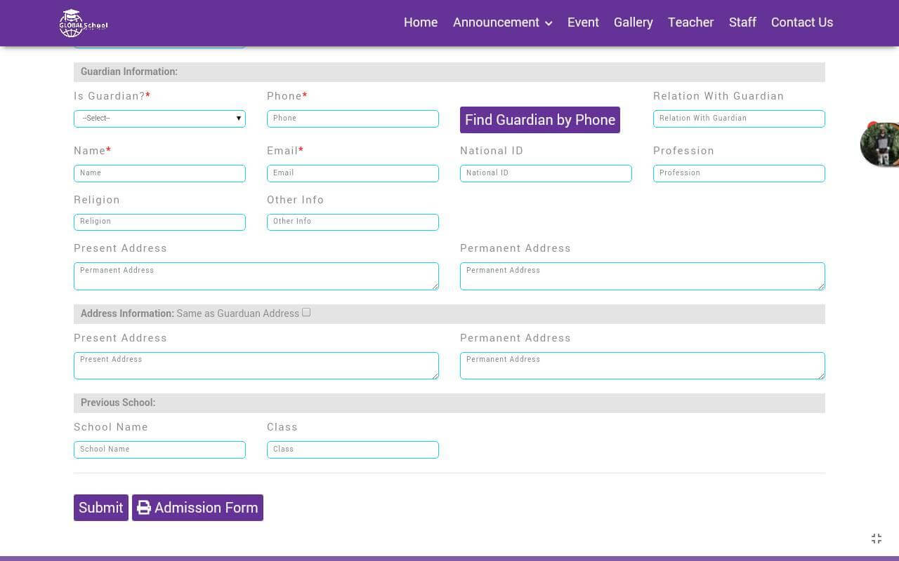 Advance School Management System - Guardian Information