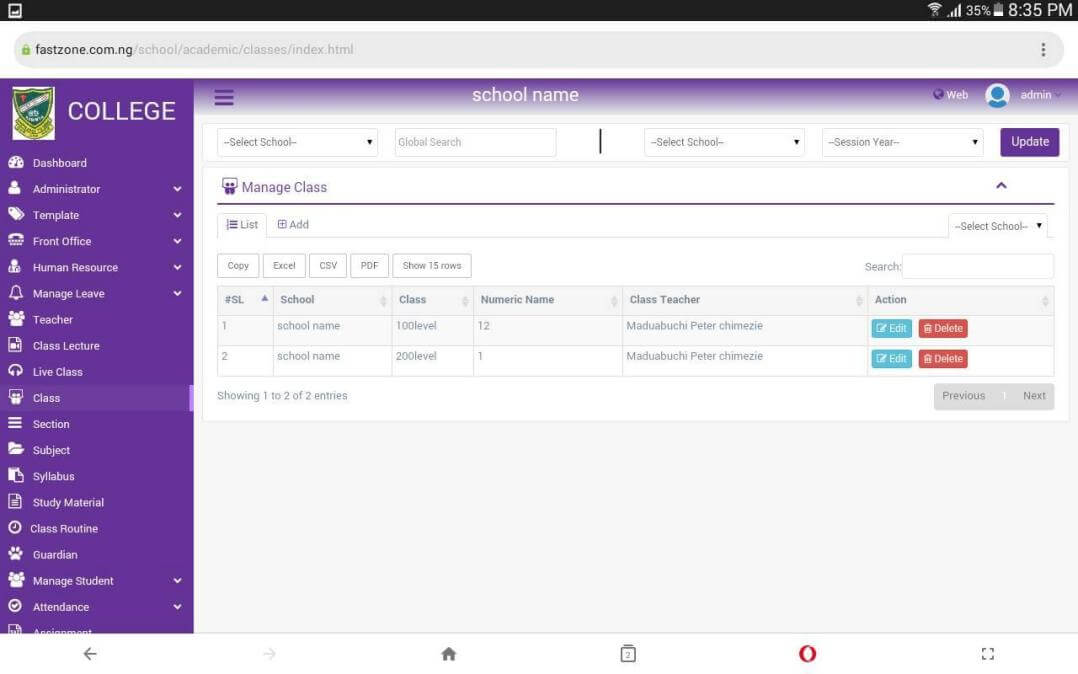 Advance School Management System - Manage Class