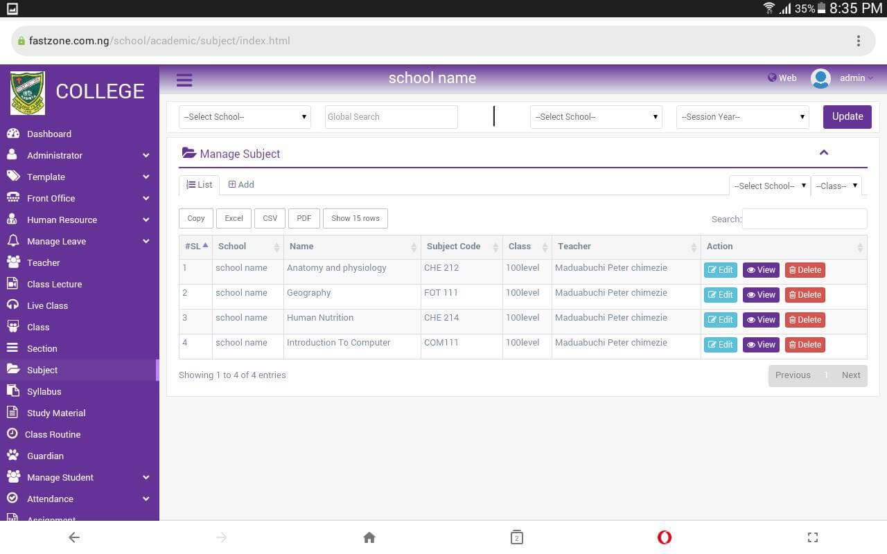 Advance School Management System - Manage Subject