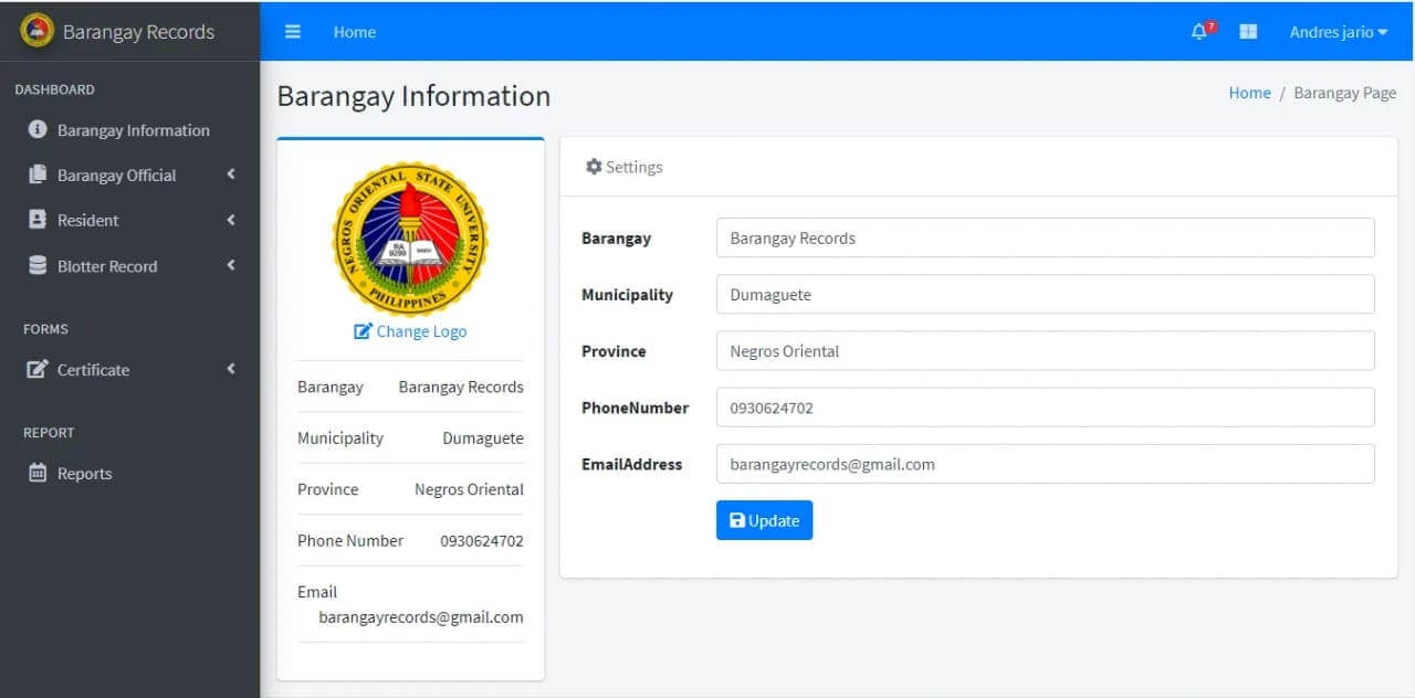 Barangay Management System using PHP MySqli - Barangay Information