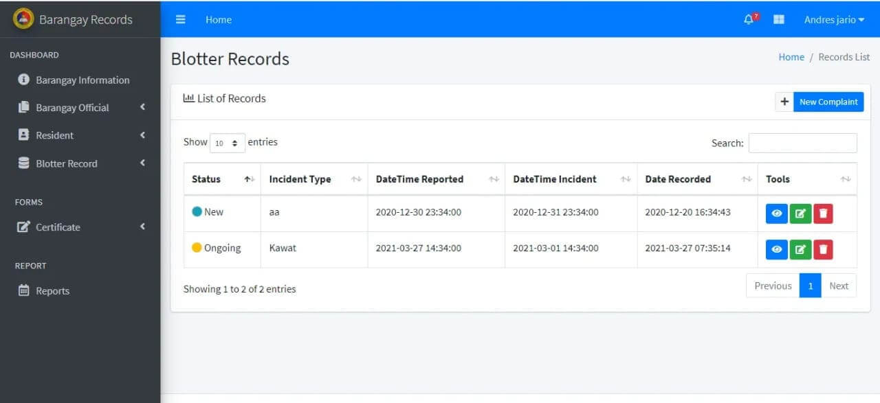 Barangay Management System using PHP MySqli - Blotter Records