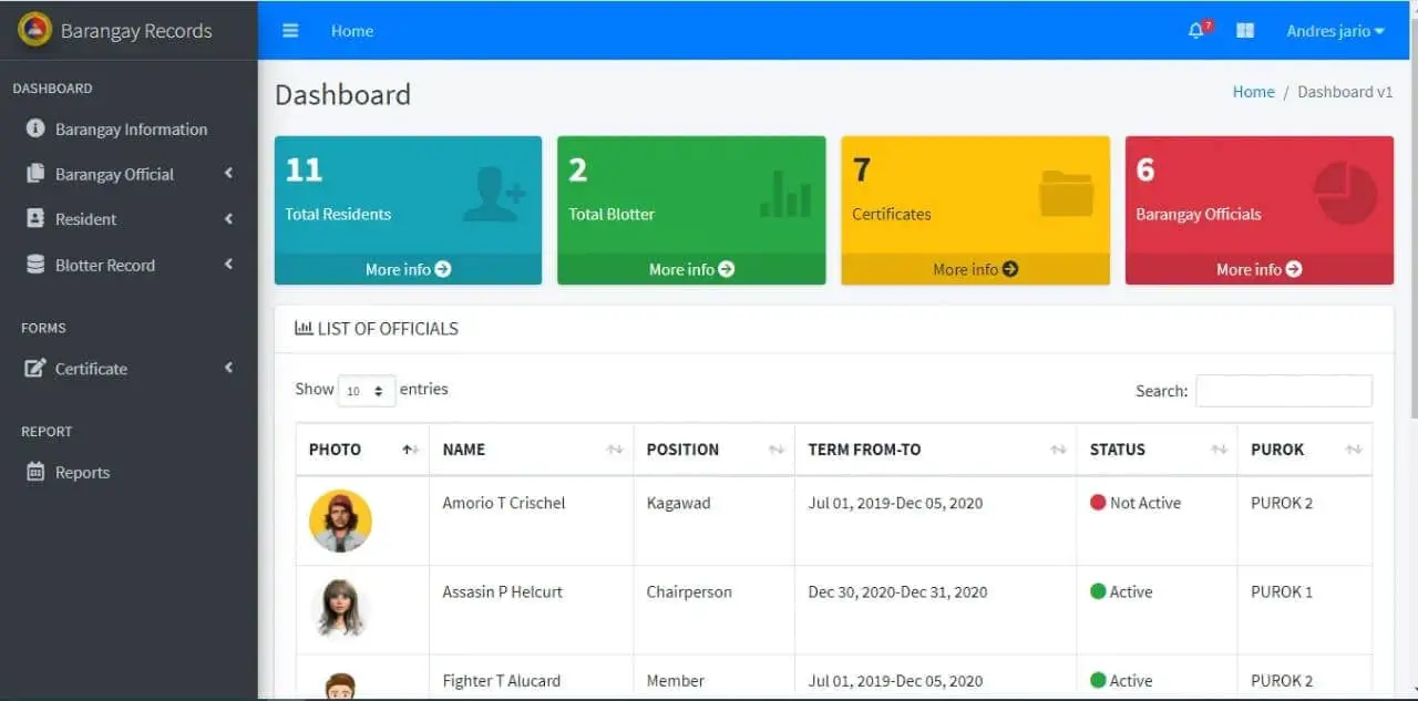 Barangay Management System using PHP MySqli - Dashboard