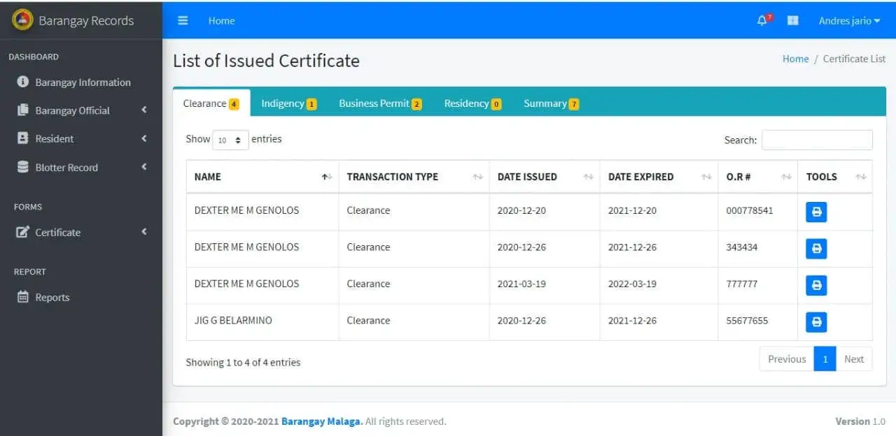 Barangay Management System using PHP MySqli - Issued Certificate