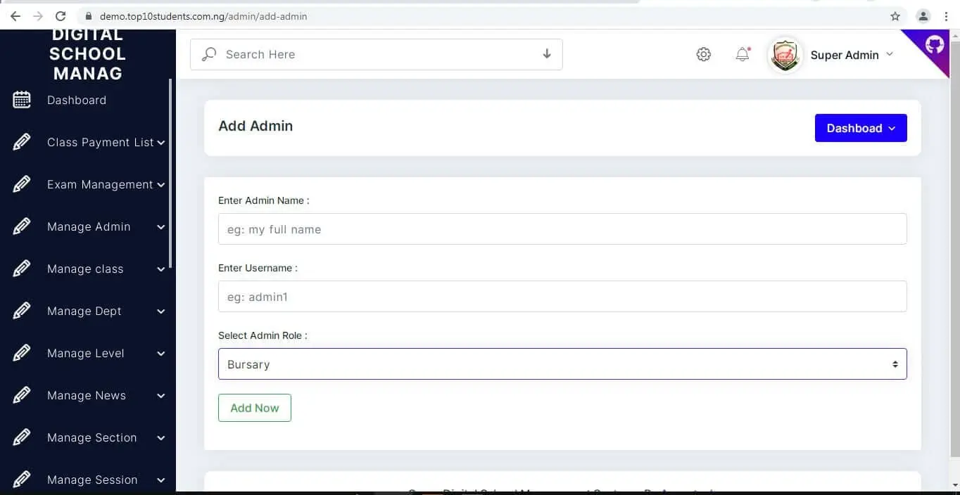 Digital School Management - Add Admin