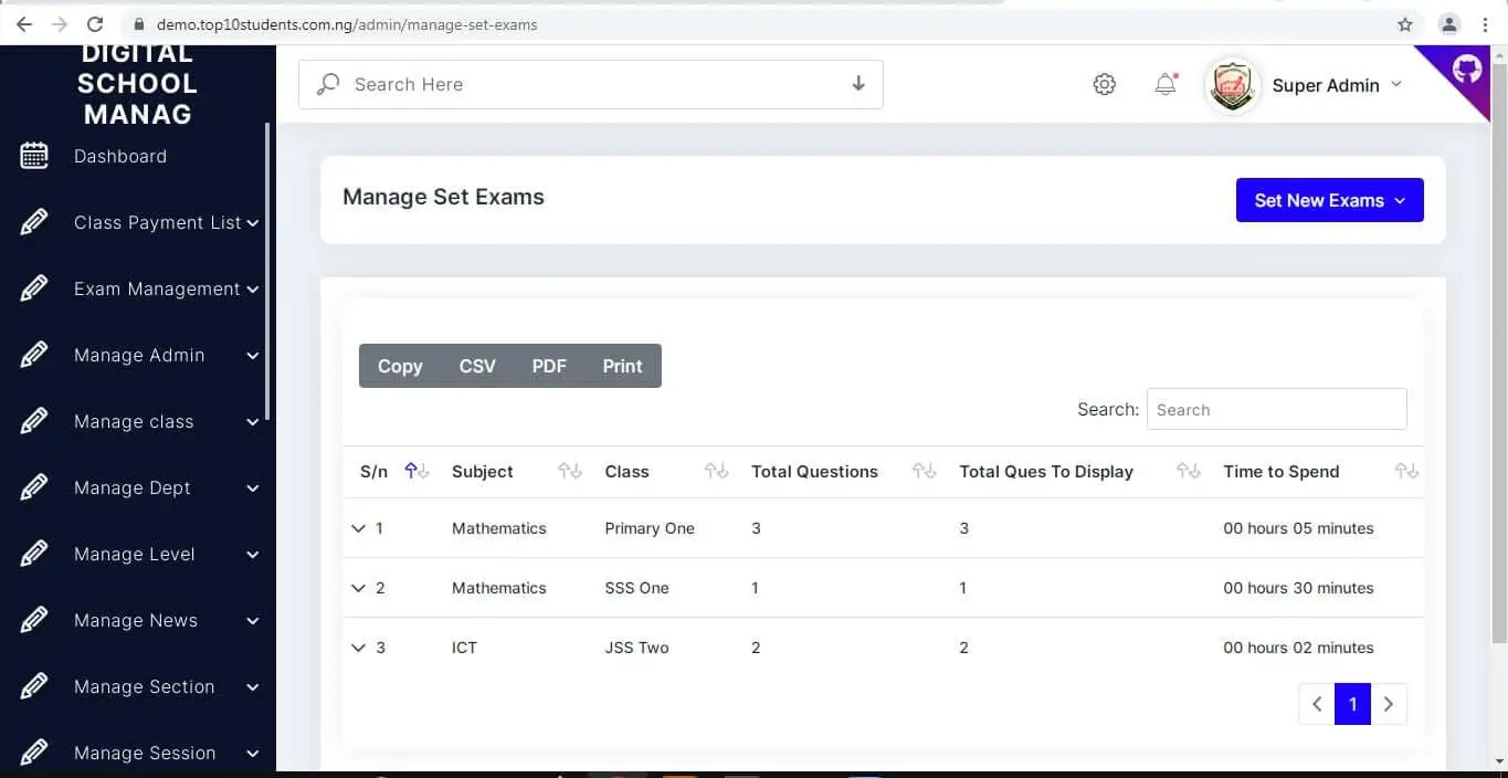 Digital School Management - Set Exam
