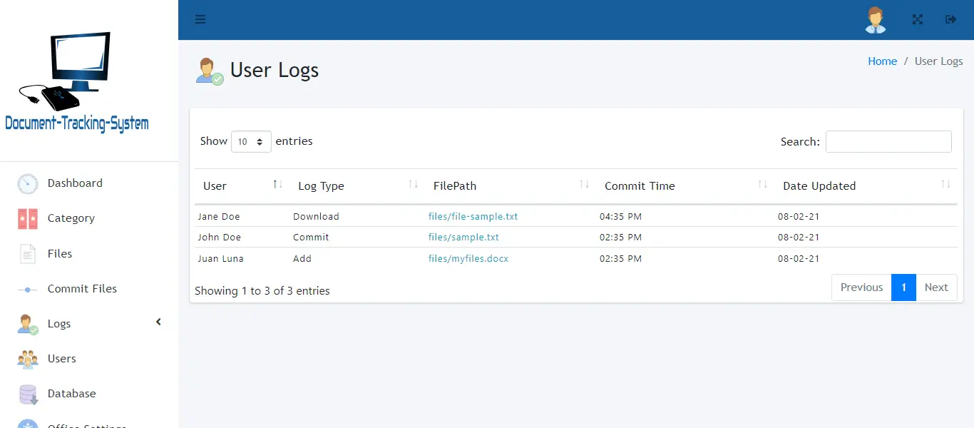 Document Tracking System - User Log