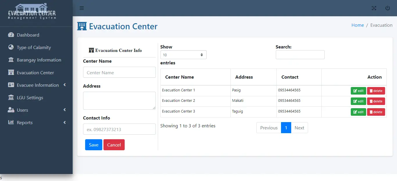 Evacuation Center Management System - Evacuation Center