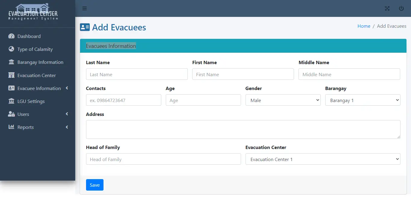 Evacuation Center Management System - Evacuees Information