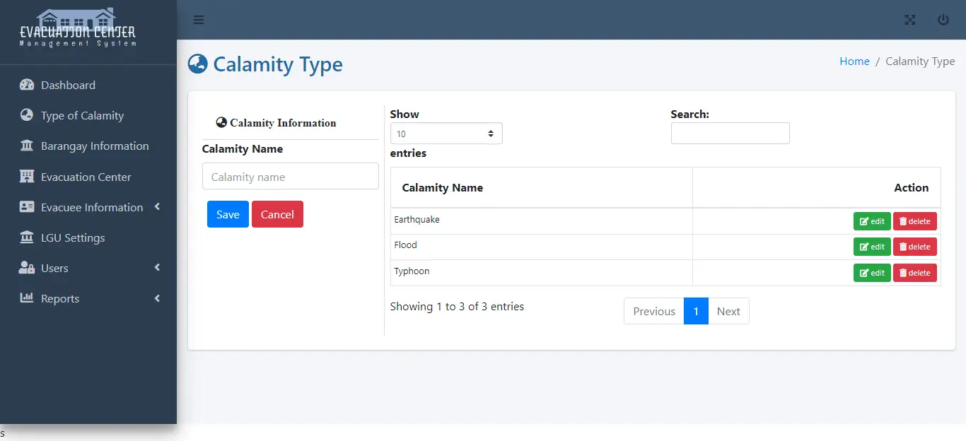 Evacuation Center Management System - Type of Calamity