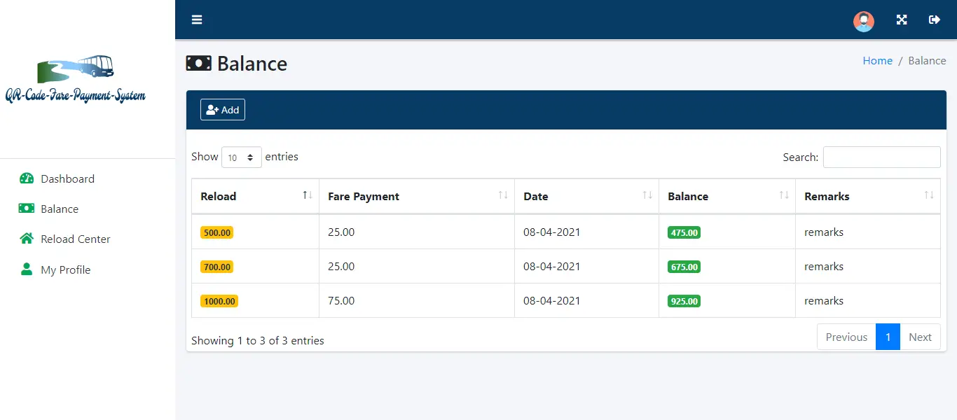 QR Code Fare Payment System - Customer Balance