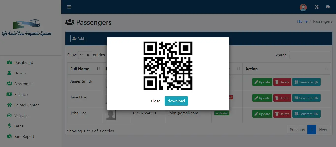 QR Code Fare Payment System - Passenger Profile with QR Code