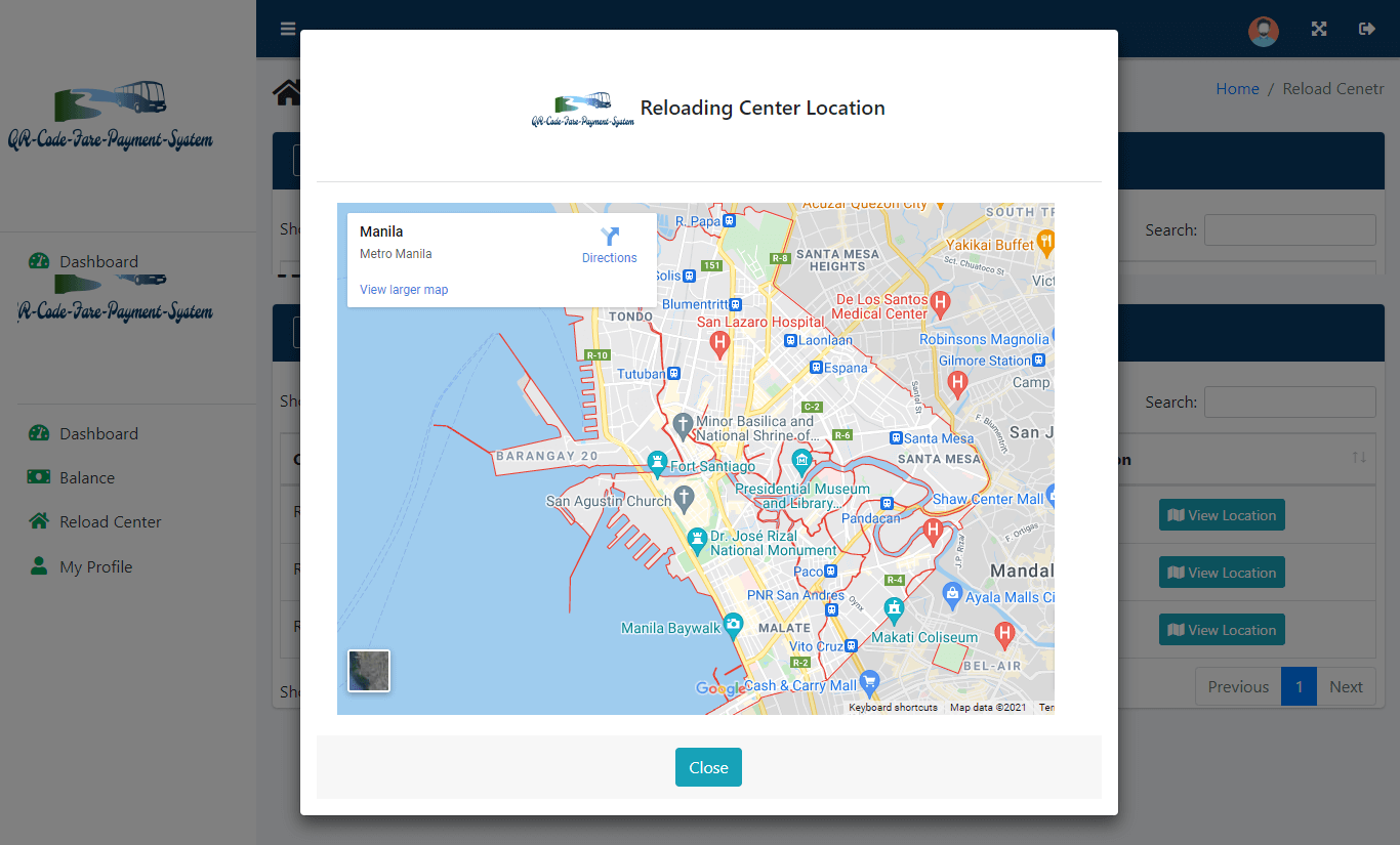 QR Code Fare Payment System - Reload Center Location