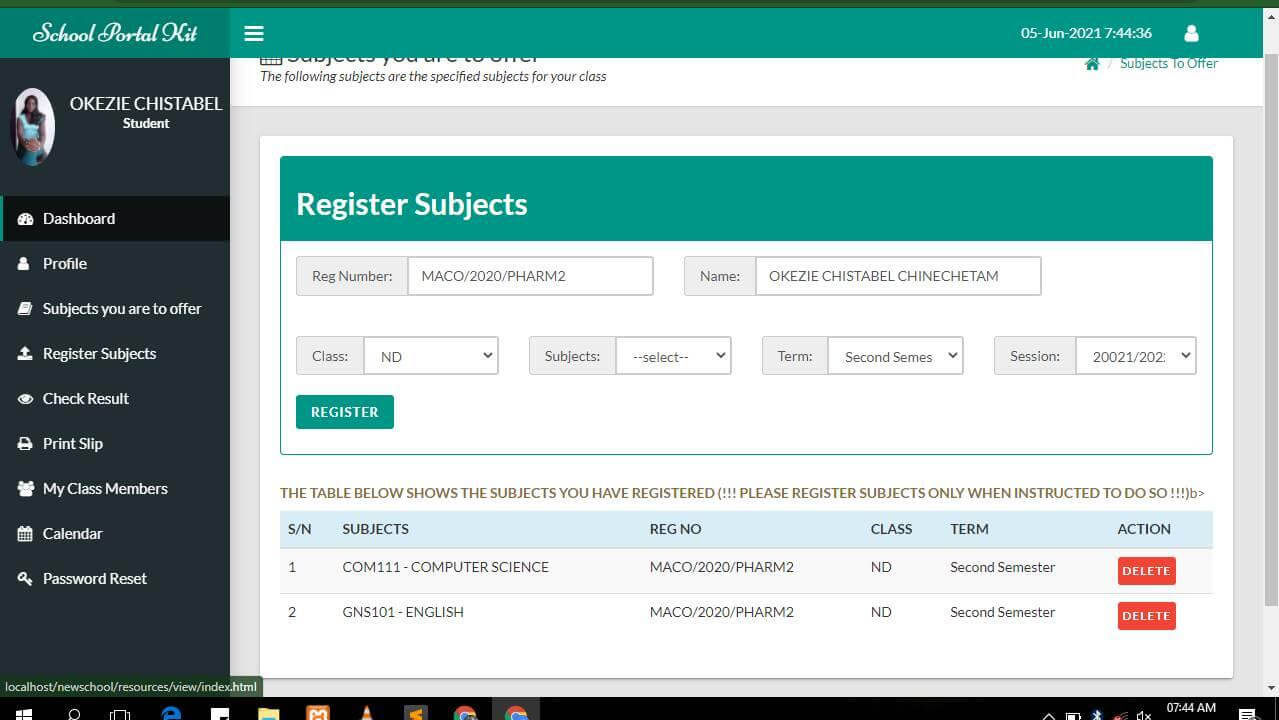 School Portal Kit - Register Subjects