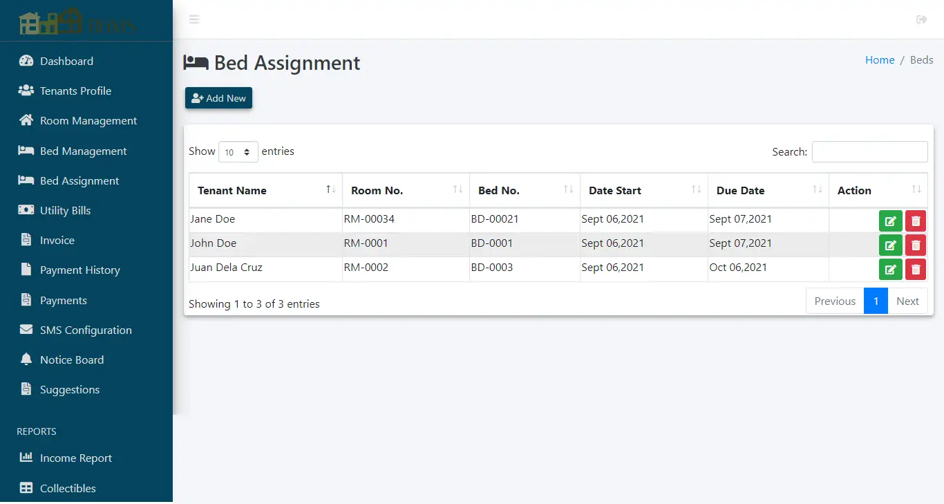 Boarding House Management System - Bed Assignment