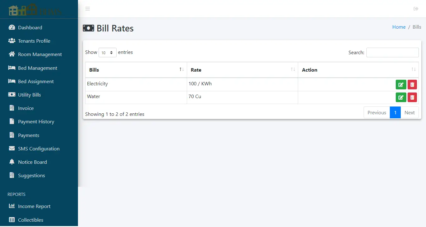 Boarding House Management System - Bill Rates