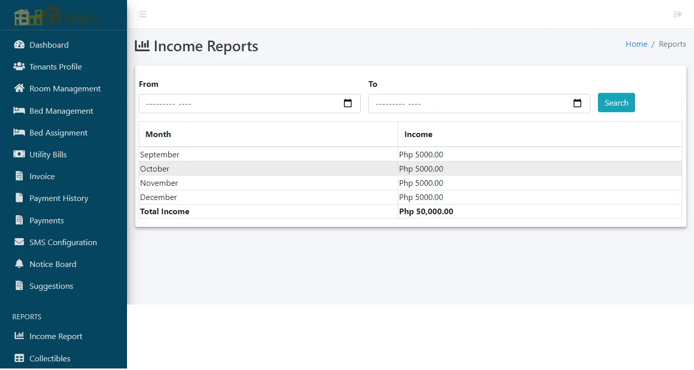 Boarding House Management System - Income Report