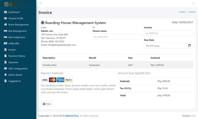 Boarding House Management System - Invoice