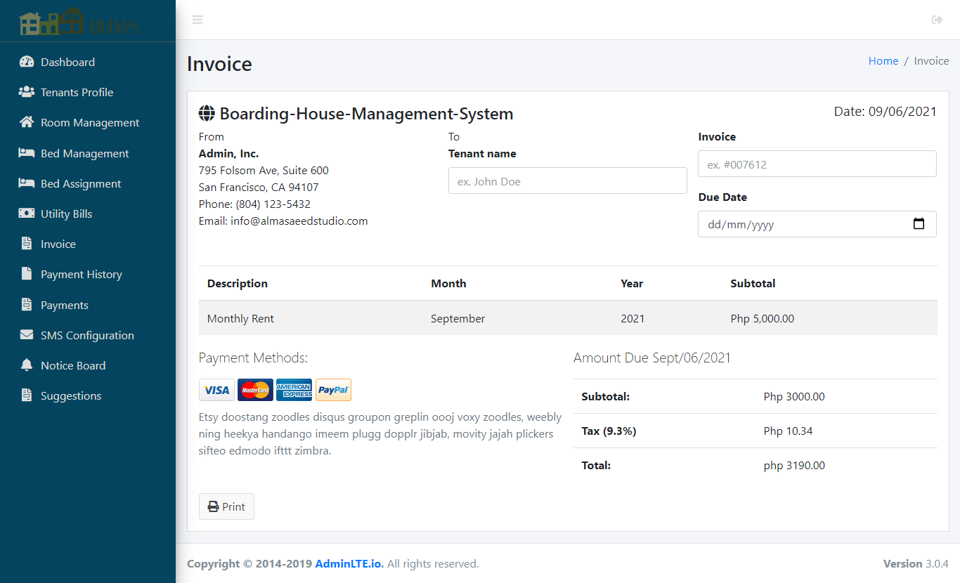 Boarding House Management System - Invoice