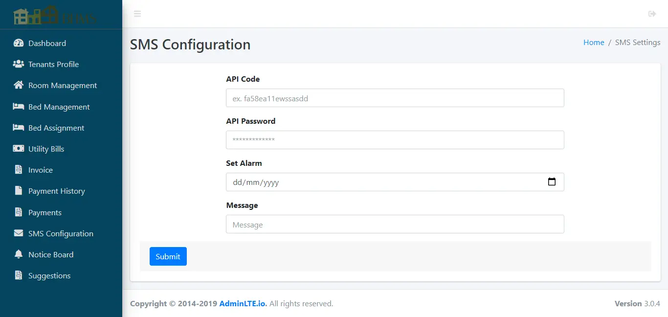 Boarding House Management System - SMS Config