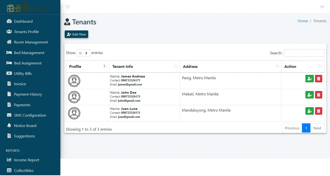 Boarding House Management System - Tenants Profile