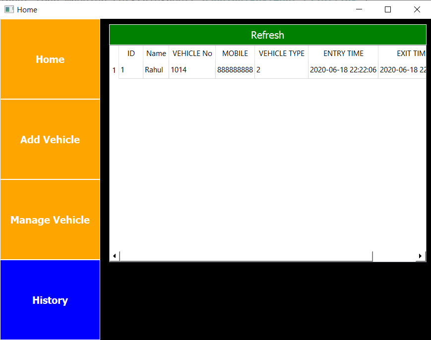 Python Vehicle Parking Management System - History Record