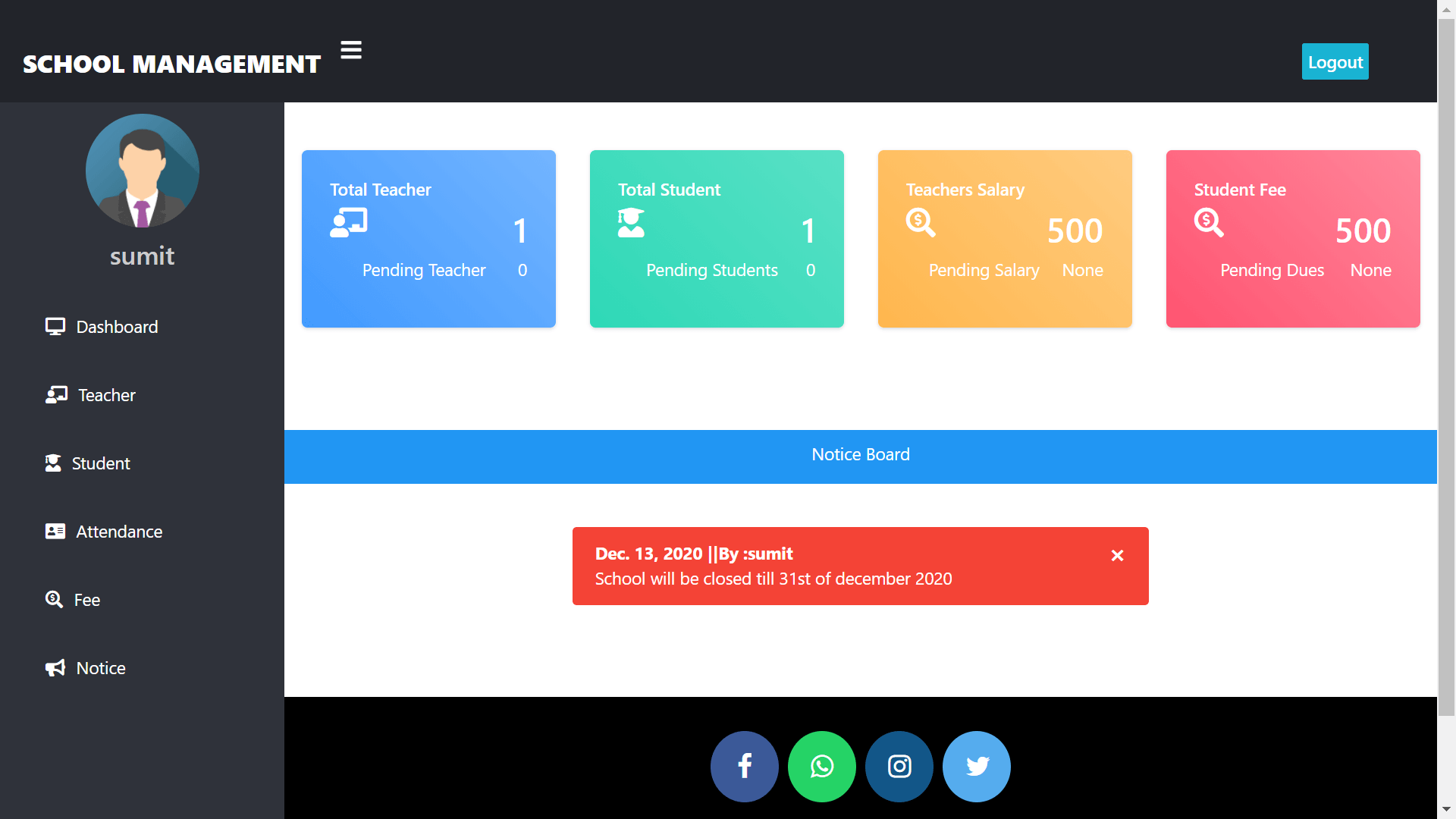 School Management System in Django - Admin Dashboard