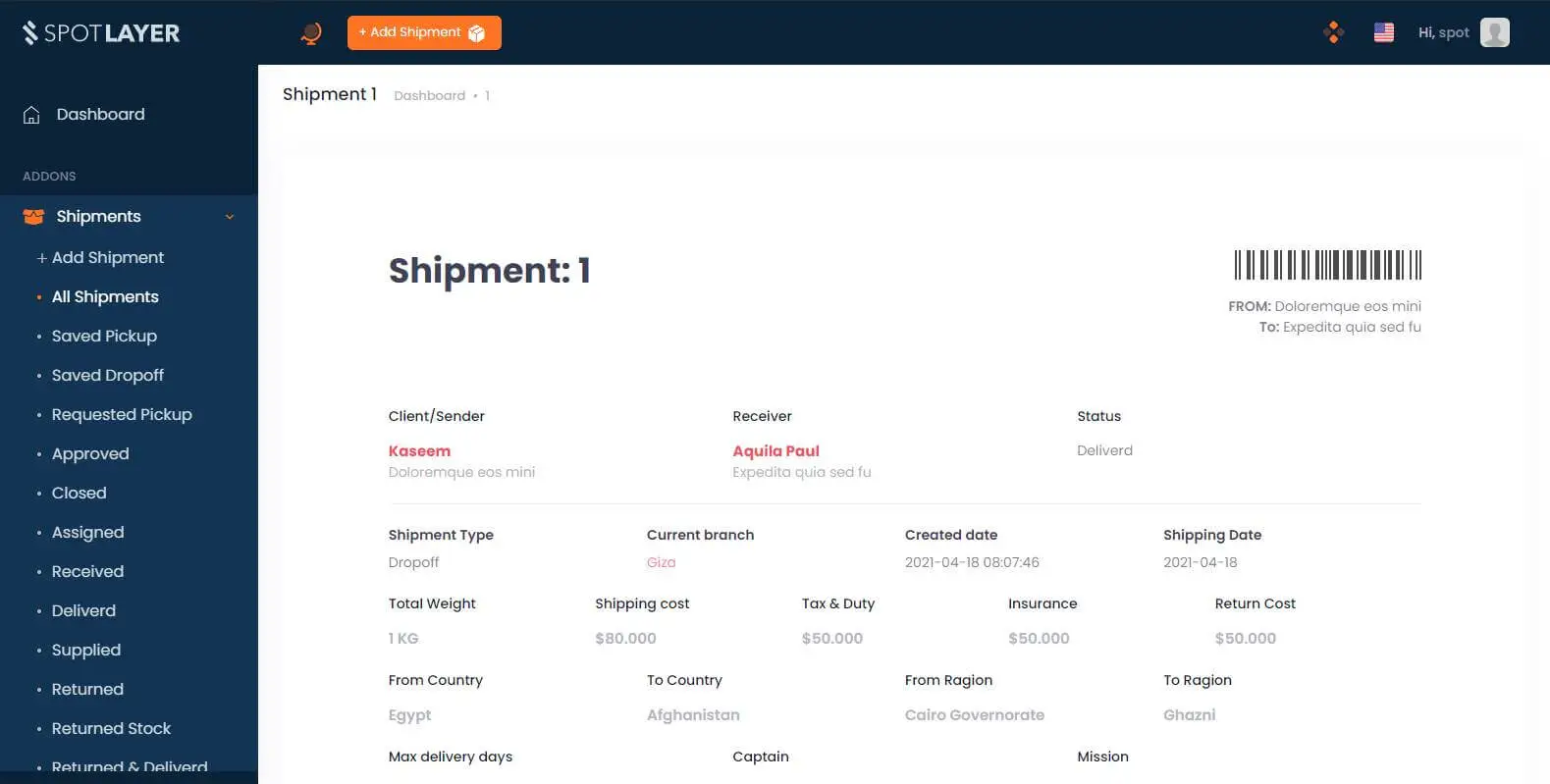 Courier System in PHP - Shipment Information