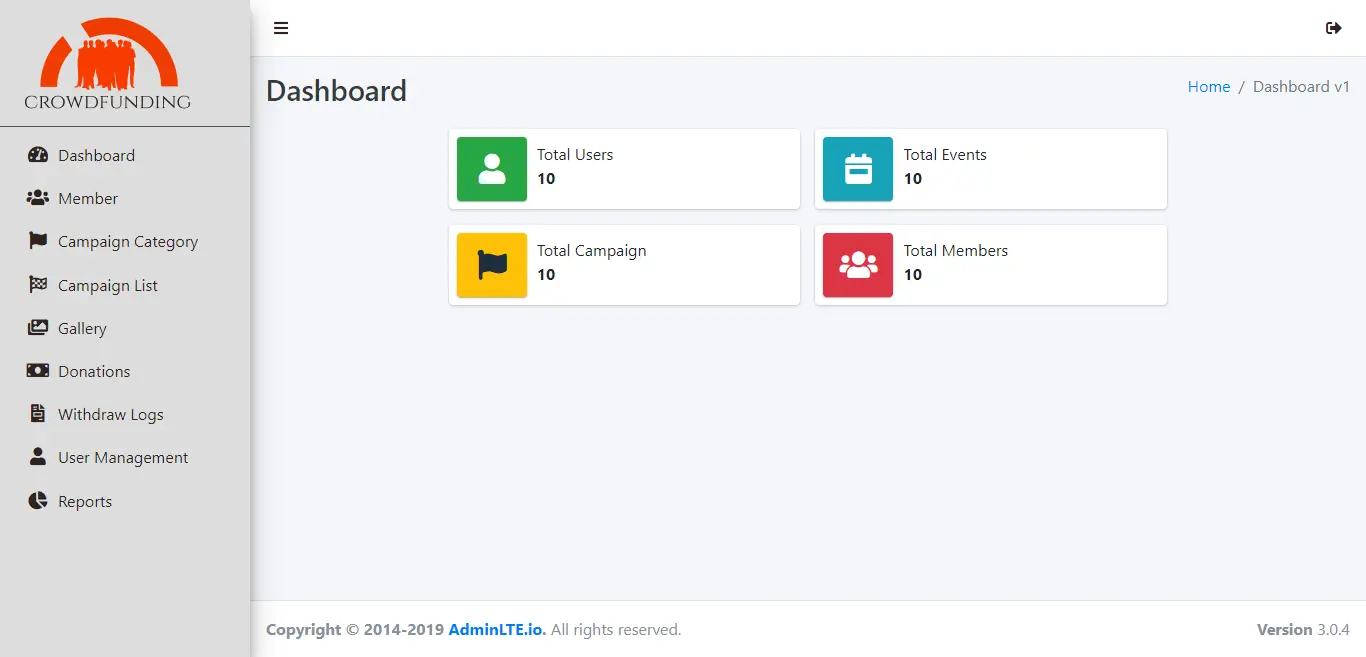 Crowd Funding Platform Free Bootstrap Template - Admin Dashboard