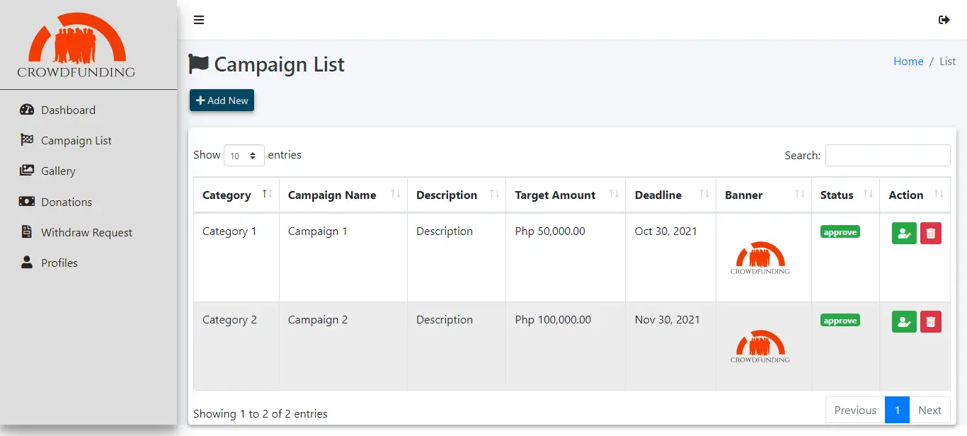 Crowd Funding Platform Free Bootstrap Template - Campaign List Status