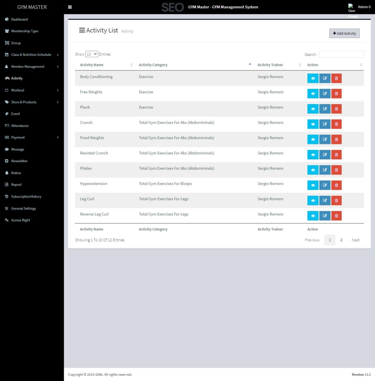 Gym Management System using CakePHP - Activity List