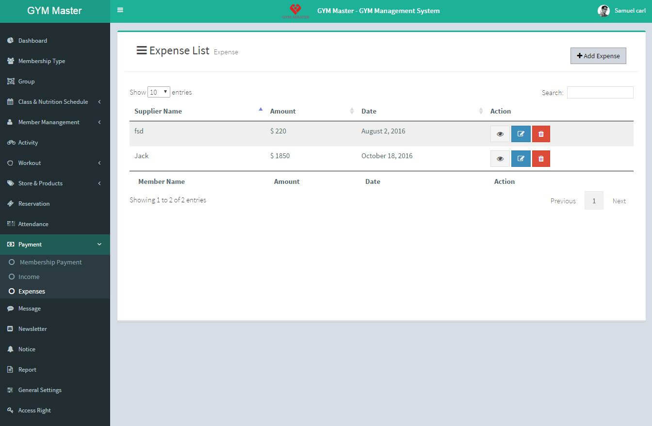 Gym Management System using CakePHP - Expense List